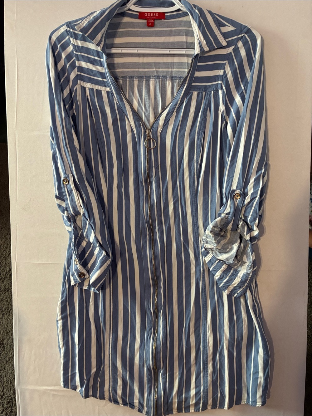 GUESS Blue and White Striped Zip-Front Shirt Dress with Ring Pull